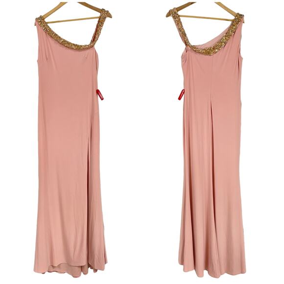 Mac Duggal NWT Beaded Drop Shoulder Jersey Gown Rose Pink Size 10 Rhinestone - Picture 3 of 10